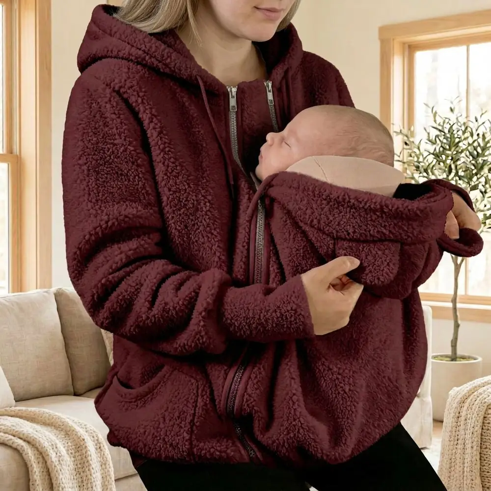 Warmkind teddy fleece baby carrier hoodie in Dark Red