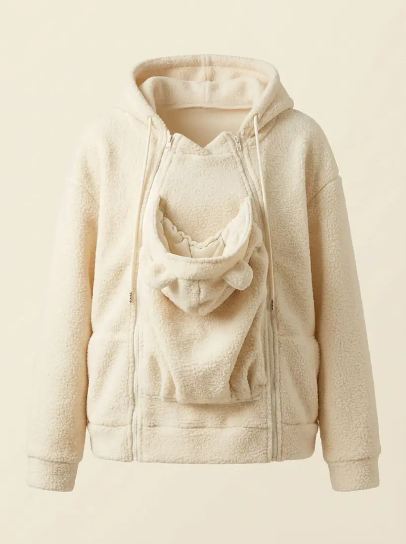 Warmkind teddy fleece hoodie seen from the front with the baby panel open