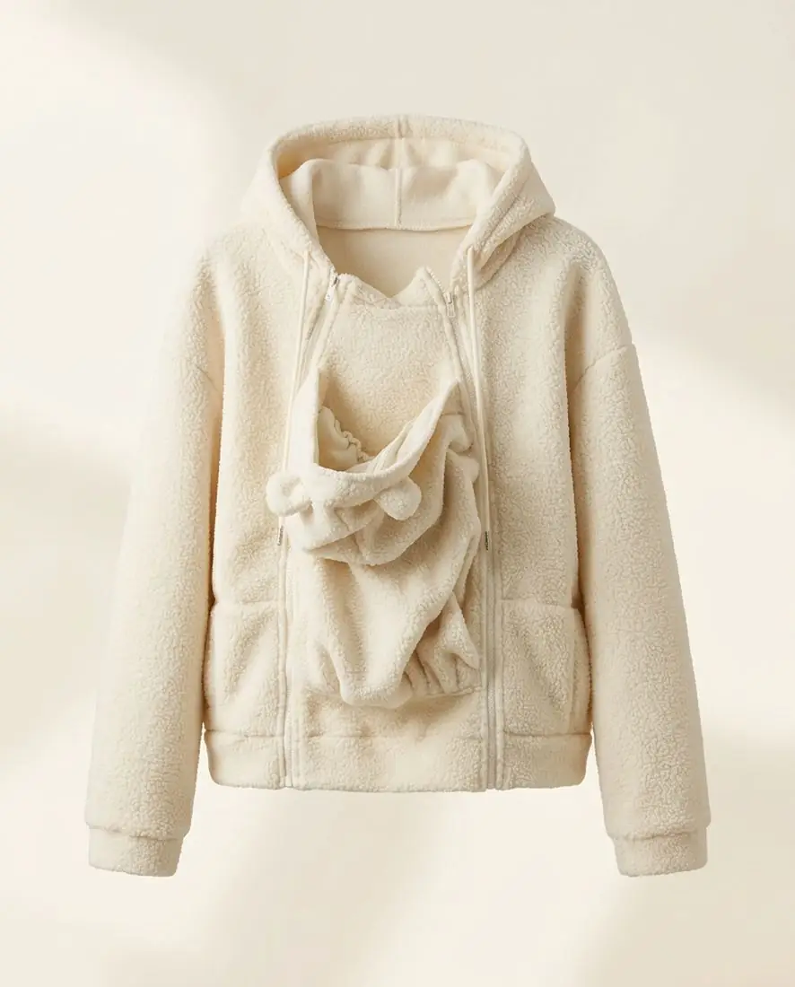 Warmkind hoodie with the built-in baby panel unzipped showing its soft lining