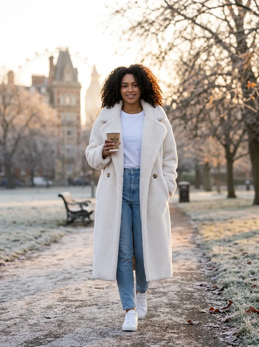 Women's Long Teddy Coat – White