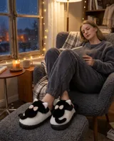 Fluffy Cat Slippers – White & Black